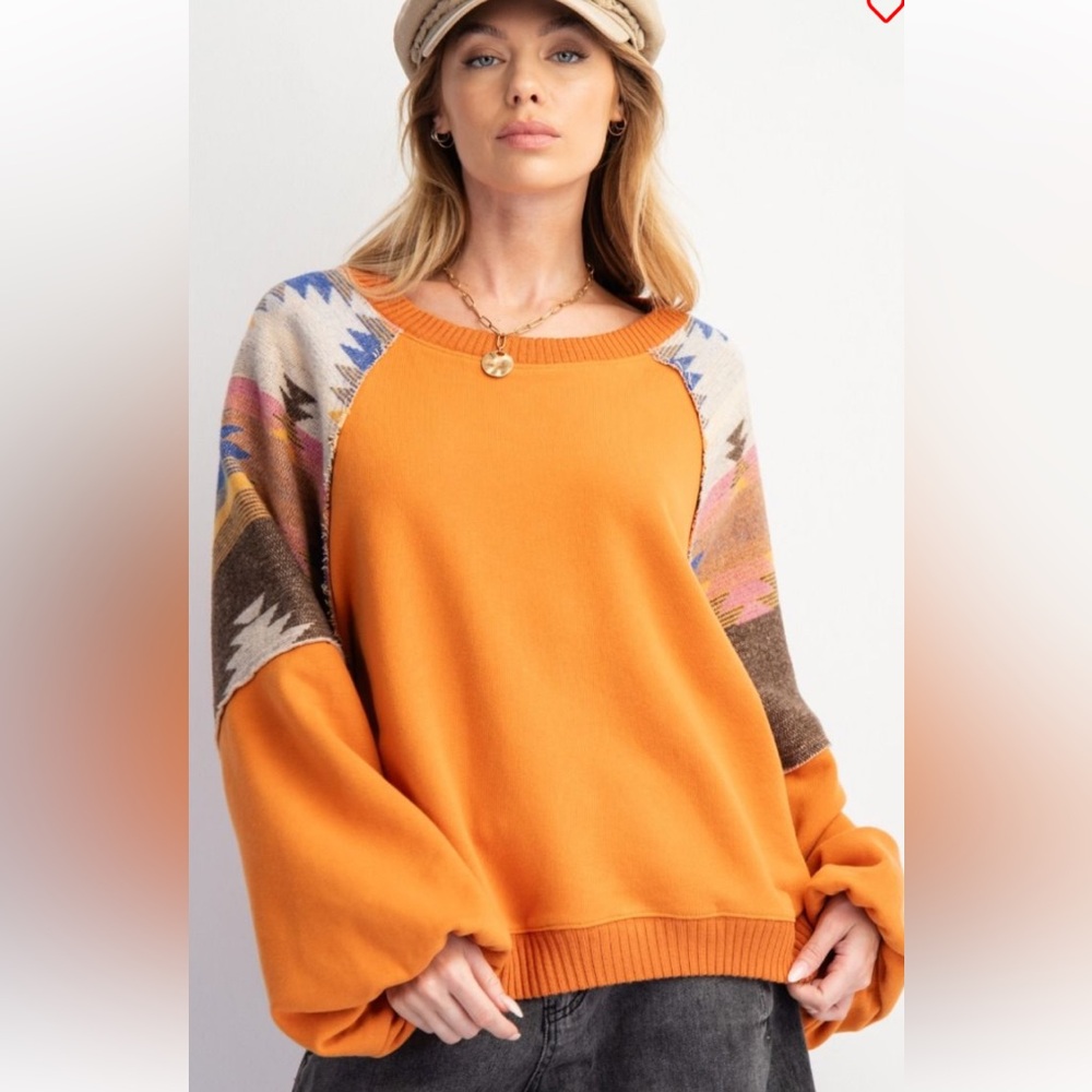 easel Orange Aztec Sleeve Pullover Sweater